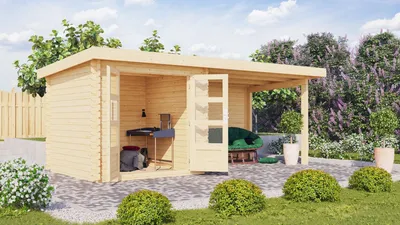 Produktbild von Gartenhaus Blockbohlenhaus Gerätehaus Bastrup 2 im Set mit Anbaudach 3 m breit, 28 mm Rückwand naturbelassen 519x237x217 cm