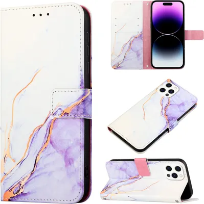 Produktbild von iPhone 14 Pro Hülle, Marmor Motiv Kunstleder Tasche Wallet Kartenfächer mit Standfunktion Klapp Schutzhülle für iPhone 14 Pro Weiß Lila