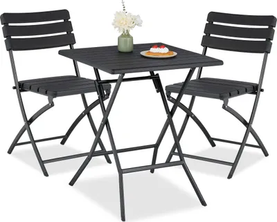 Image de Ensemble de mobilier de balcon Relaxdays, 3 pièces, 1 table et 2 chaises, pliable, salon de jardin aspect bois, acier et plastique, noir