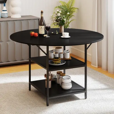 Obrázok produktu pre COSTWAY jedálenský stôl okrúhly 120 cm, kuchynský stôl z dreva pre 4 až 6 osôb, s 2 policami, industriálny príručný stolík, moderný konferenčný stolík (čierny)