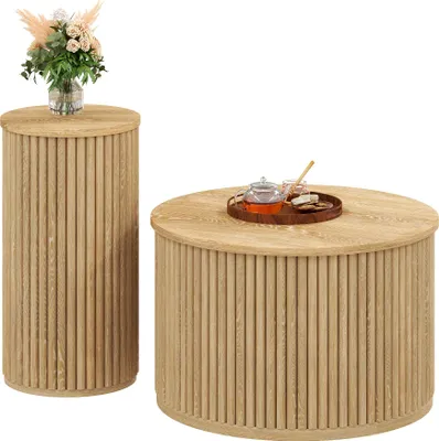 Produktbild von Fortuna Lai Couchtisch, doppelter runder Tisch, Beistelltisch mit Naturholzlatten. Multifunktionaler Wohnzimmertisch