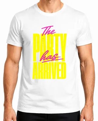 Obrázek produktu pro Tričko s nápisem "Party Has Arrived" (Party dorazila), vesele, neonové, pro párty v 80. letech nebo 90. letech, pánské, bílé, velikost M
