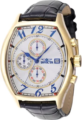 A close-up studio shot of a gold-toned men's watch with a white dial and a black leather strap.