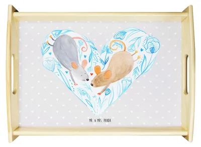 Produktbild von Mr. & Mrs. Panda Deko Tablett Mäuse Herz - Grau Pastell - Geschenk, Serviertablett, holz, für Immer, Maus, Hochzeit, getränke, aus, Freundin, Liebe