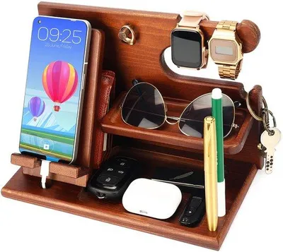 Productafbeelding van Unyqoos® Bureau- en nachtkastjesorganizer van grenenhout, 26,5 x 15 x 18,5 cm, bruin – Opbergruimte voor telefoon, portemonnee, horloges en sleutels
