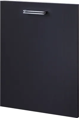 A close-up, studio shot of a dark gray dishwasher front panel with a silver handle.
