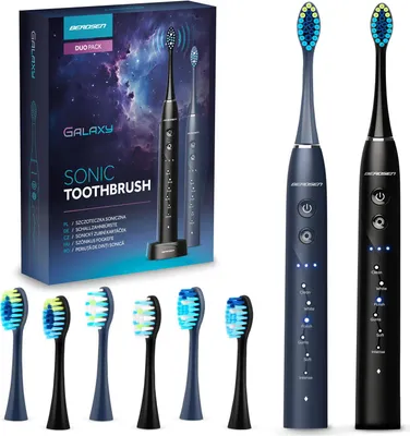 A product shot of a duo pack of Berdsen Galaxy Sonic Toothbrushes, including the packaging and individual toothbrushes and brush heads.