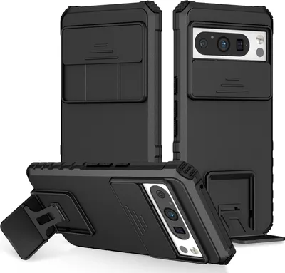 Produktbild von Dual Layer Hülle für Google Pixel 8 Pro Stossfest Robust Ständer Schutzhülle mit Schiebe Kamera Schutz Schwarz
