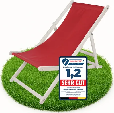 A red and white deck chair on a circular patch of grass, with a test certificate overlay.