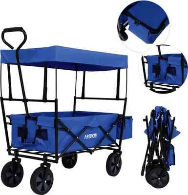 Produktbild von AREBOS Bollerwagen faltbar mit Dach | Handwagen | Transportwagen | Faltwagen | Gerätewagen inkl. 2 Netztaschen & Einer Außentasche | faltbar | Blau