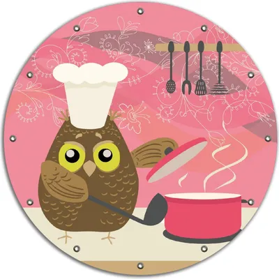 Produktbild von Wallario rundes Outdoor-Poster für Garten oder Balkon, Motiv Lustige Eule beim Kochen mit Kochmütze, 90 cm Durchmesser