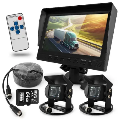 Zdjęcie produktu dla Zestaw Cofania Monitor 7" Rejestrator FHD 1080p 2 Kamery Kabel 15m SD 64GB