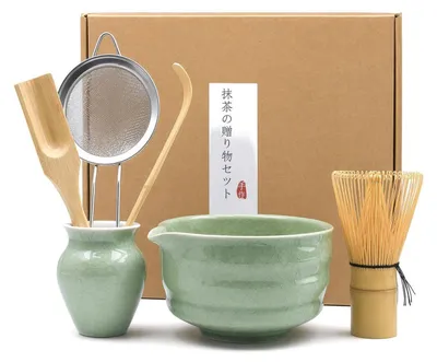 Produktbild von Matcha Set 6-teilig mit Besen, Sieb, Schale, 2 Löffeln, Halter, Grün