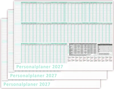 Produktbild von 3 Stück Urlaubsplaner/Personalplaner 2027 nass abwischbar mit Folienkaschierung - DIN B1 Format (1000 x 700mm) 22 Mitarbeiter Januar bis März Folgejahr mit Schulferien (gerollt!)