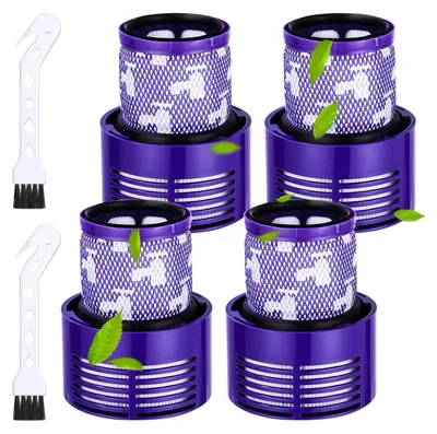 A set of four purple vacuum cleaner filters and two cleaning brushes are arranged on a white background.
