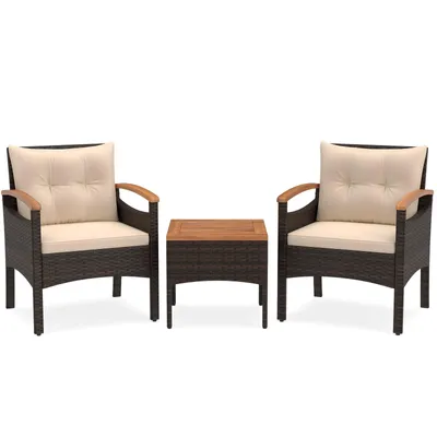 Immagine prodotto di Set di mobili da giardino KOMFOTTEU, composto da 3 pezzi: 2 sedie e un tavolo, ideale per balconi. Set di mobili da esterno in rattan con cuscini per seduta e schienale, perfetto per terrazzi e giardini. Set per balcone, terrazzo e giardino, con schienale e braccioli