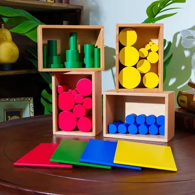 Imagen del producto de Cilindros Montessori de alta calidad, sin botones – 4 juegos de cilindros codificados por color, material sensorial para la diferenciación de tamaños y la percepción visual, juguete educativo para niños de 3 a 6 años, ideal para la educación en casa y la escuela infantil (cilindros Montessori)