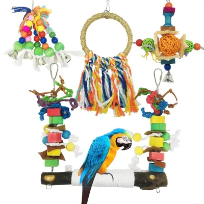 Image de Ensemble de jouets pour oiseaux, comprenant 4 pièces : une balançoire et des perchoirs en bois naturel