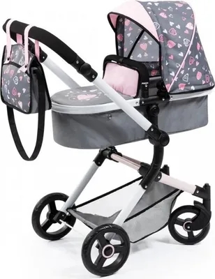 Produktbild von Bayer Design Kombi-Puppenwagen 18419AA Neo Vario mit Tasche, wandelbar als Jogger, verstellbarer Griff, integrierter Korb, grau, rosa mit Herzen
