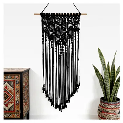 Produktbild von Schwarzes Makramee Wandbehang Boho Deko aus Baumwolle, natürliche Treibholz Wanddekoration im böhmischen Stil