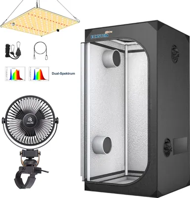 Produktbild von Growbox Komplettset LED 60x60x140cm Gewächshaus Growzelt Indoor Pflanzenzelt mit 85W LED Grow Light Pflanzenlampe & 360° Rotation Ventilator Fan