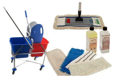 Produktbild von Axis Line Wischmop Komplettset mit Doppelfahrwagen extra hoch und Ersatzmöppe und 2 x Profi Reinigungsmittel 50cm breit
