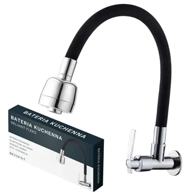 A kitchen faucet with a flexible black hose and a silver spray head, shown next to its packaging.