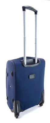 A dark blue suitcase with a telescopic handle and wheels, shown from a side-back diagonal angle against a white background.