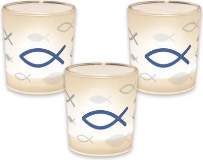 Produktbild von SET - 3er itenga Windlicht + Teelicht 6x6cm Motiv FISCH blau für Kommunion Konfirmation Taufe