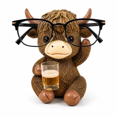 Produktbild von Highland Kuh Brillenhalter, Brillenständer aus Kunstharz, Tierfigur als Schreibtisch Deko, Halter für Sonnenbrille & Lesebrille, Geschenkidee