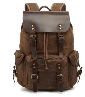 Image de Sac à dos en toile vintage avec compartiment en cuir pour ordinateur portable et idéal pour les voyages