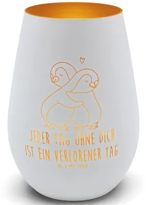 Produktbild von Mr. & Mrs. Panda Laterne Pinguine Kuscheln - Weiß - Geschenk, für Männer, Freundin, kerzenhalter teelichter, Frauen, Teelichthalter, Valentinstag, Gold, Windlicht Glas