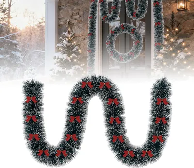 Image de TRMLBE Guirlande de sapin 8 m, guirlande de Noël avec effet neige et 24 nœuds rouges, guirlande artificielle de Noël pour la décoration de Noël à l'intérieur et à l'extérieur, vert foncé