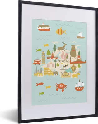 Produktbild von MuchoWow® MuchoWow® Gerahmtes Poster Weltkarte Kinder - Europa - Farben 30x40 cm - Poster mit zchwarzem Bilderrahmen - Wandposter Schlafzimmer