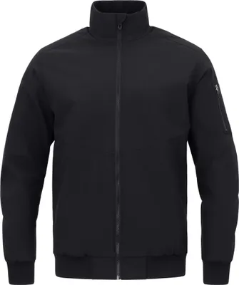 A black bomber jacket is shown against a white background.