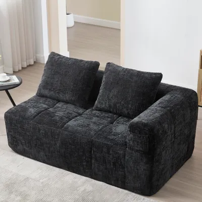 Produktbild von Sofa 2 Personen Kein Zusammenbau Flauschig Kissen Seitentaschen Schwarz 158 x 90 x 60 cm