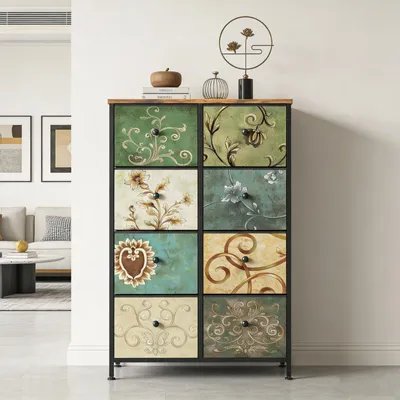 Image de Commode rétro INONEFT avec 8 tiroirs, meuble de rangement avec cadre métallique, idéal pour le salon, la chambre à coucher ou l'entrée, dimensions : 67,5 x 30 x 100 cm