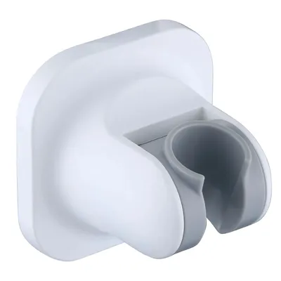 A white and gray plastic shower head holder mounted on a white background.