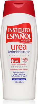 A white bottle of Instituto Espanol Urea Leche Hidratante lotion.
