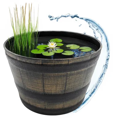 Produktbild von Mini-Teich für den Garten – Kunststoff in Eichenholz-Optik – Wassereimer – Blumentopf – Gartendekoration – Wetterbeständig – Durchmesser 51 cm