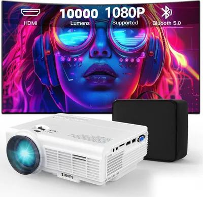 A white projector and a black carrying case are placed in front of a curved screen displaying a colorful, futuristic image of a woman's face with headphones.