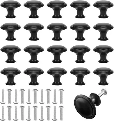 Obrázek produktu pro 20 kusů matných černých úchytek na nábytek, průměr 27 mm, vhodné pro zásuvky, dveře, skříně, noční stolky – včetně šroubů