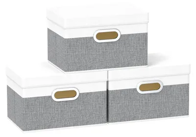 Image de 3 bacs de rangement avec couvercle, bacs pliables en tissu avec poignées, bacs de rangement pour la chambre à coucher, rangement pour vêtements, 32 x 23 x 20 cm