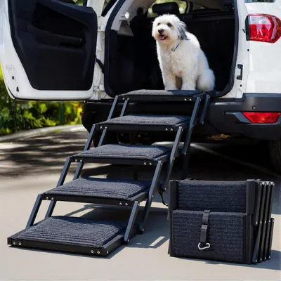 Immagine prodotto di Rampa per cani a 5 gradini, pieghevole, con portata massima di 114 kg, altezza regolabile da 58 a 64 cm, superficie antiscivolo, realizzata in alluminio