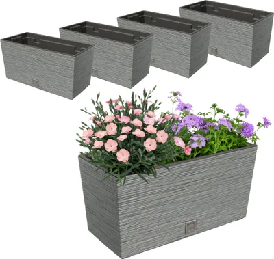 Produktbild von 4 Stck. Blumenkasten Meißel Balkonkasten Pflanzkasten Grau 12L 39,5 cm mit Topf Einsatz 8L Pflanzkübel Einzigartiger Blumentopf Kunststoff Selbstbewässernd Drainageloch