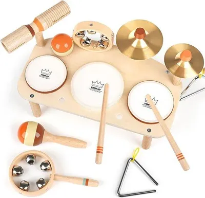 Produktbild von Vanplay Holztrommel-Set, Musikinstrumente für Kinder ab 1 Jahr, bestehend aus 3 Trommeln und einer Becken
