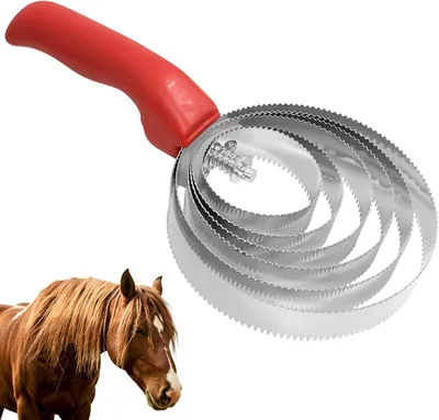 Imagen del producto de Cepillo para caballos, tipo espiral, con adornos de plumas rojas, de tamaño manejable, ideal para el cuidado del pelaje y la cola