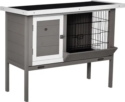 Image de PawHut Clapier en bois pour lapin, cage d'extérieur pour petits animaux, avec mangeoire, toit en asphalte, 2 portes et plateau amovible, 91 x 46 x 71 cm, gris