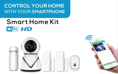 A smart home security kit including a camera, motion sensor, door/window sensors, and a doorbell, along with a smartphone displaying the system's interface.