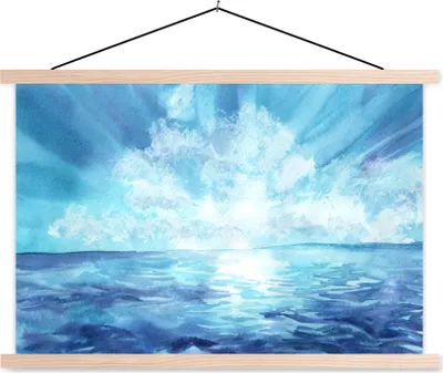 Produktbild von MuchoWow® Textilposter Meer - Himmel - Sonne 120x80 cm mit holzfarbenen Rahmen - Aufhängeset